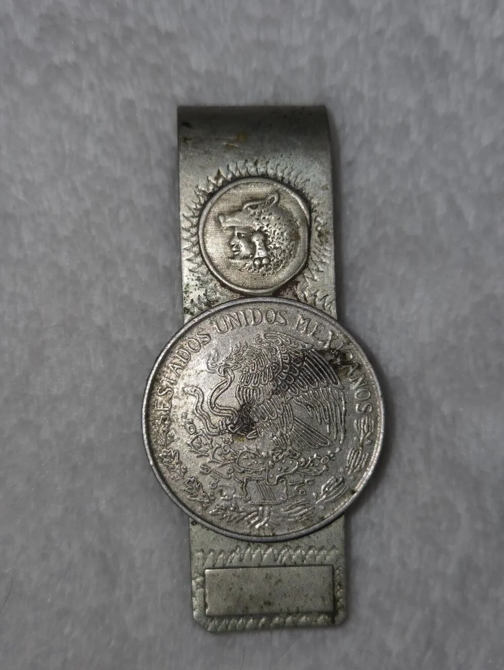 Vintage Mexican Money Clip 1957 One Peso/Native Warrior Head Motif Alpaca Silver